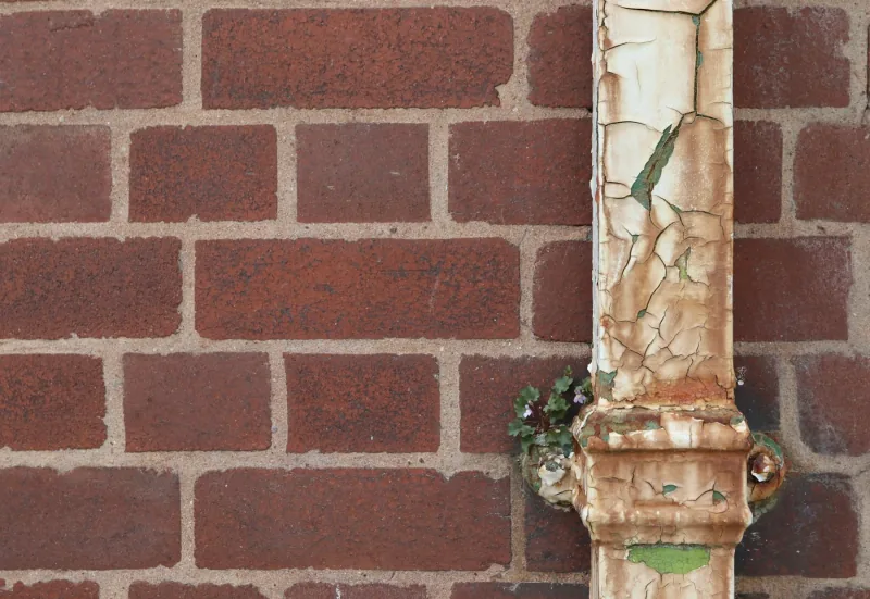 An old downpipe on a red brick wall, its paint blistered and peeling, with weeds growing out of the joint.